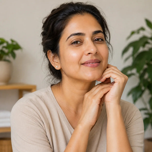 A woman with dark hair pulled back, wearing a beige ribbed V-neck top, resting her chin on her hands.
