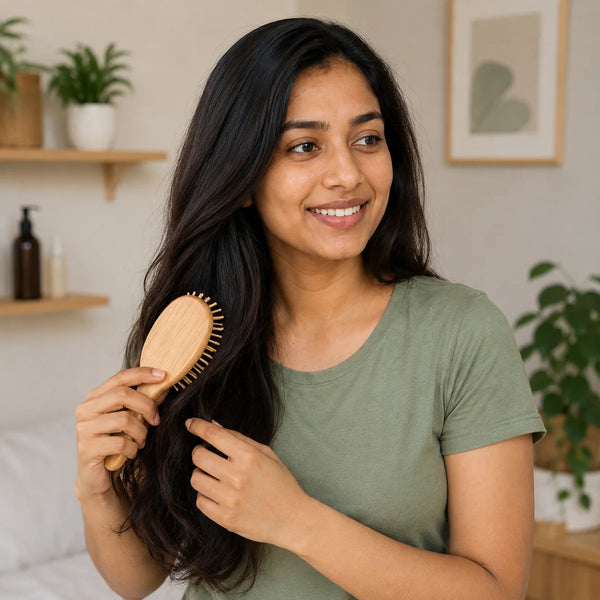 A woman with long, dark hair smiling while brushing her hair with a wooden paddle brush in a bright, modern bedroom setting.