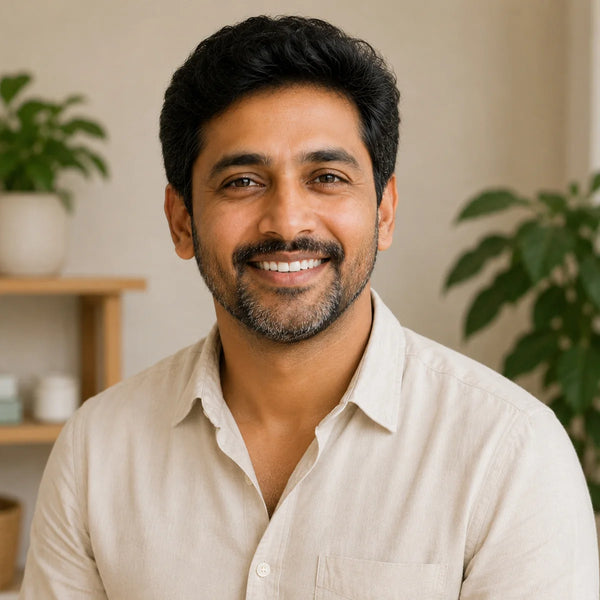 A smiling man with dark hair and a short beard wearing a light beige linen button-up shirt.