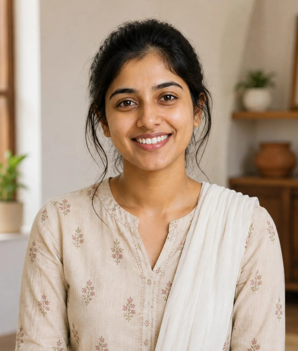 A smiling woman with dark hair tied back, wearing a light beige floral kurta with a white draped shawl.