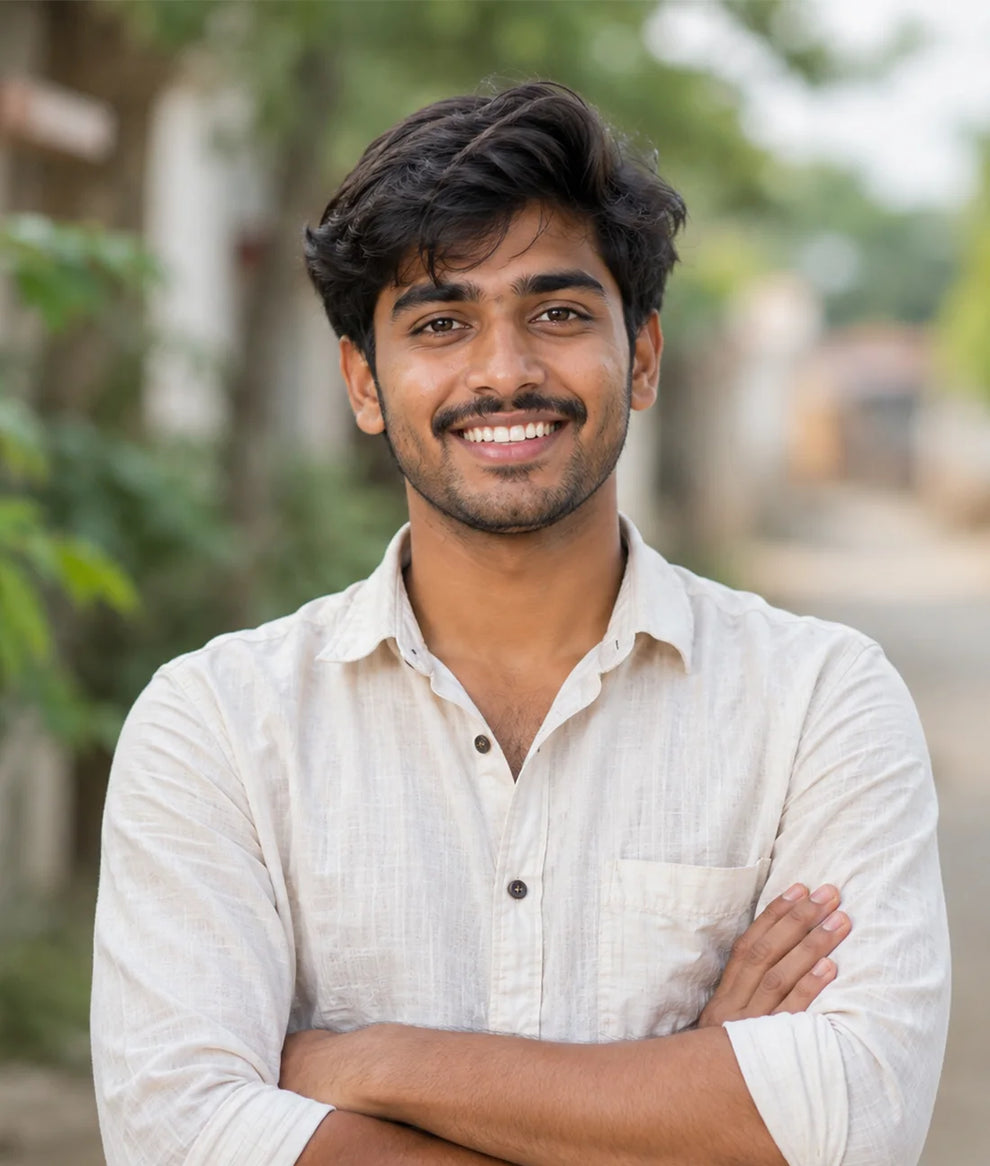 A smiling young man with dark hair and a beard, wearing a light beige linen button-up shirt, standing outdoors.
