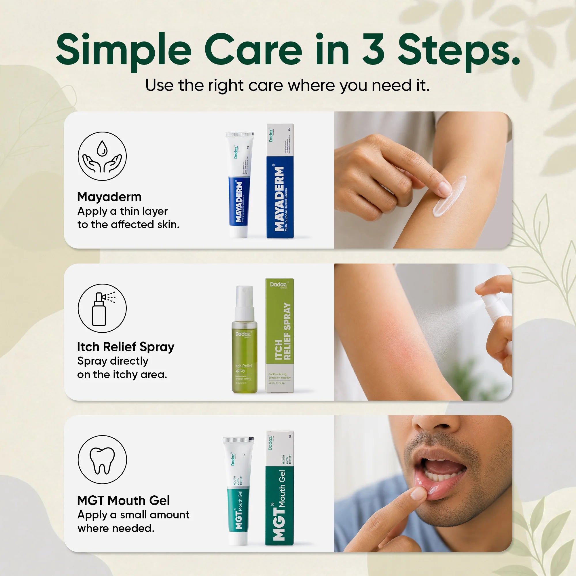 An informational graphic titled 'Simple Care in 3 Steps' showing three panels with product tubes and bottles, usage icons.