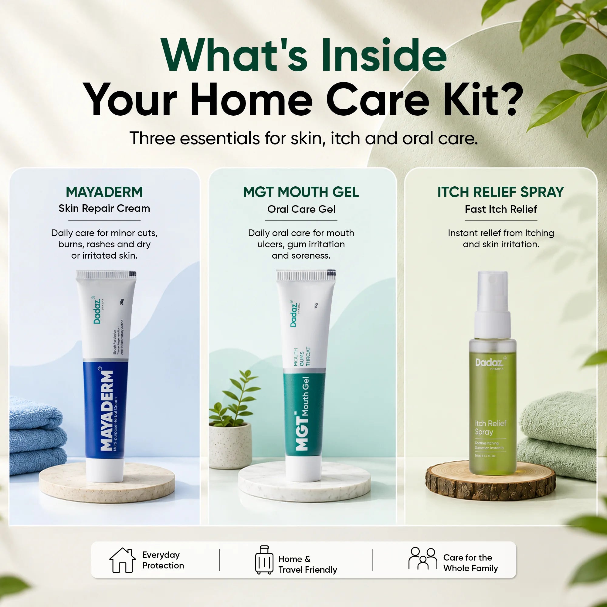 Promotional graphic for a home care kit showing three products: a Mayaderm skin repair cream tube, an MGT mouth gel tube, and an itch relief spray bottle.