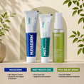 Load image into Gallery viewer, Three Dadaz skincare, Oralcare and mouthcare products displayed on a beige surface with a soft arch backdrop.
