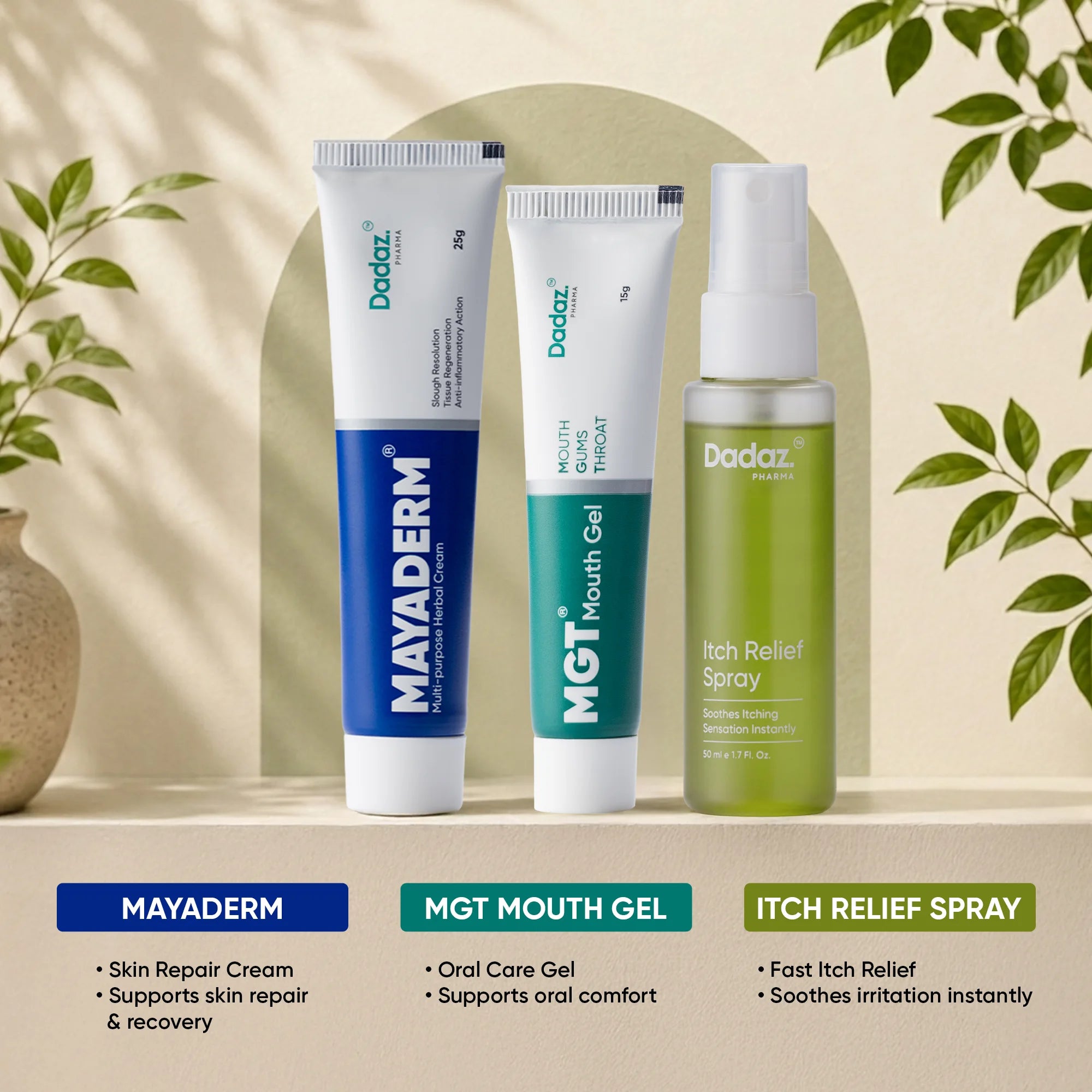 Three Dadaz skincare, Oralcare and mouthcare products displayed on a beige surface with a soft arch backdrop.