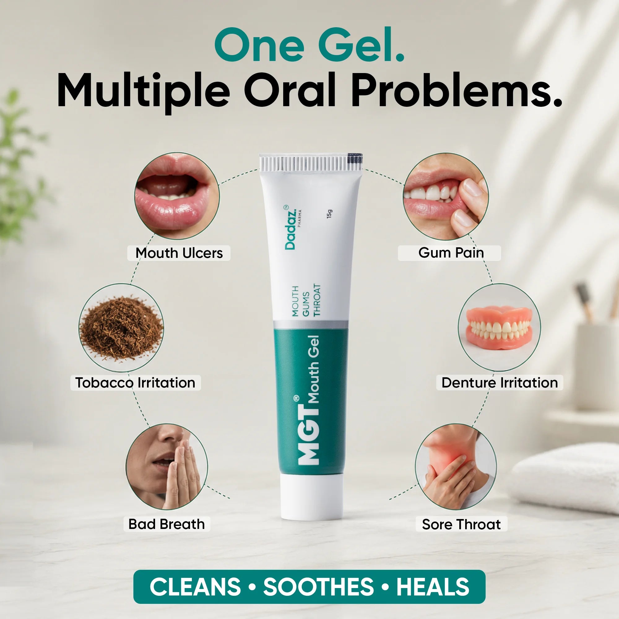 A tube of Dadaz Pharma MGT Mouth Gel. One Gel for Multiple Oral Problems.