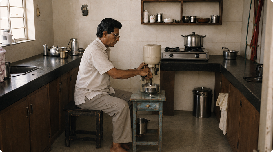 A man in a white shirt and light trousers sits on a stool in a kitchen, operating a small manual coffee grinder on a small table.