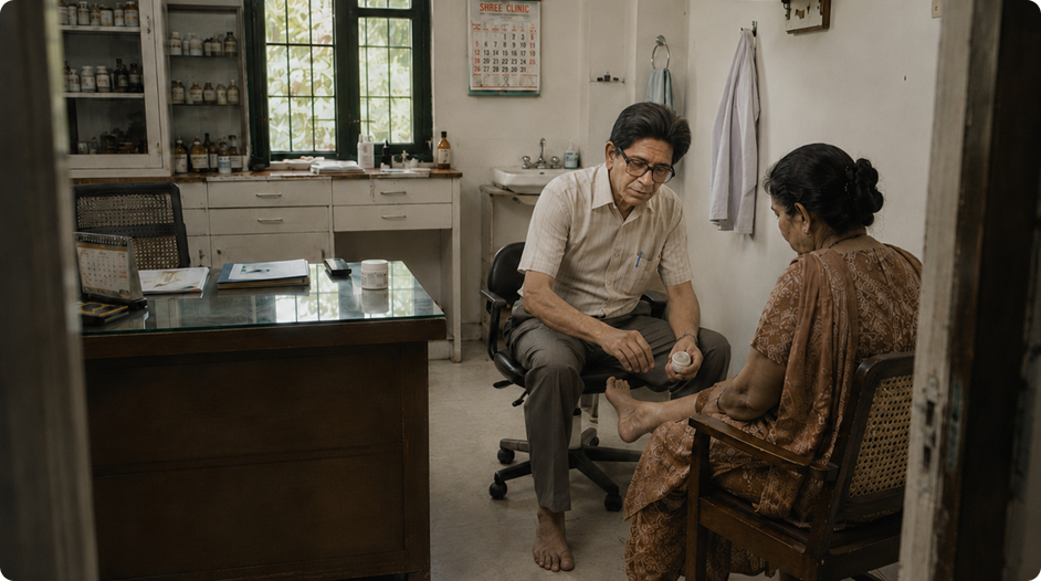 A man in a doctor's office sitting in an office chair talking to an elderly woman seated in a wooden chair.